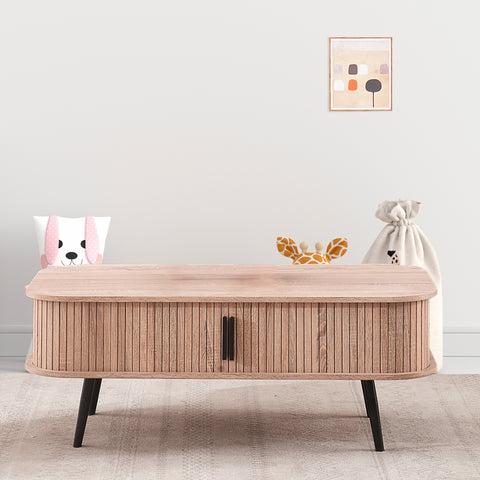 Oslo Modern Coffee Table with Storage and Slatted Sliding Doors - Ash Beige