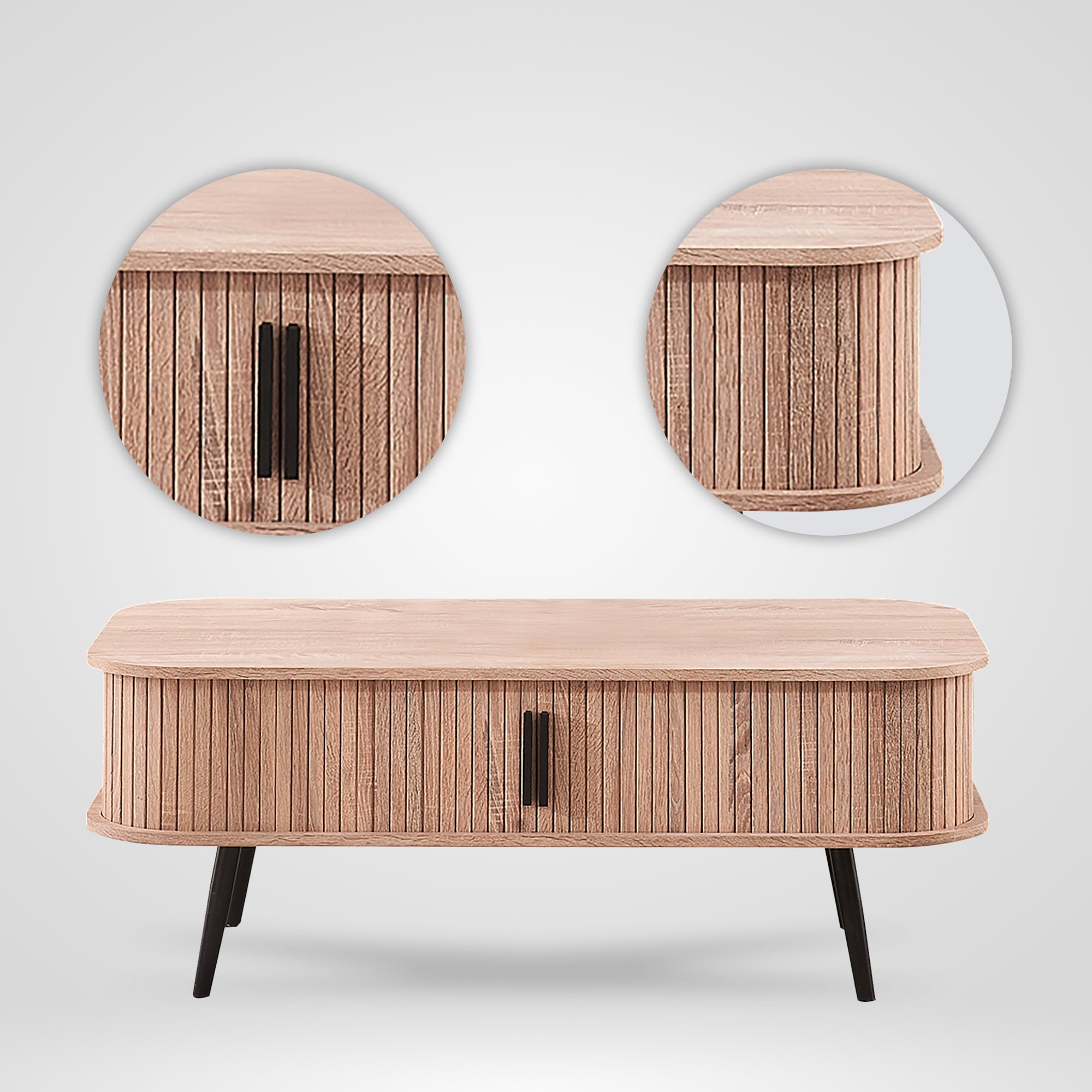 Oslo Modern Coffee Table with Storage and Slatted Sliding Doors - Ash Beige