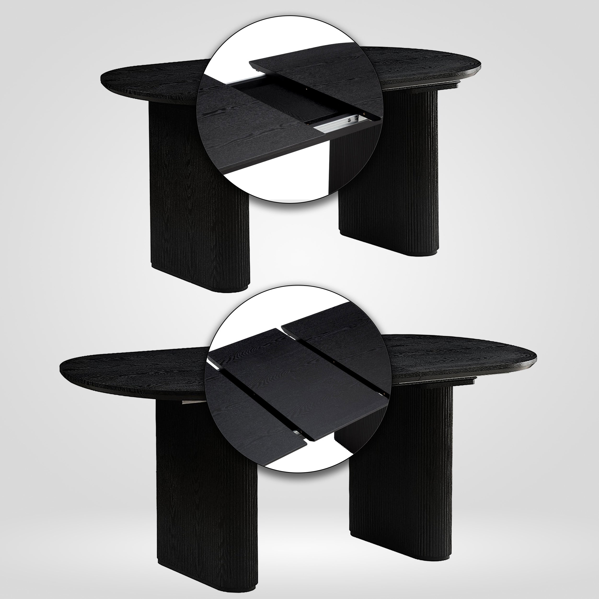 Butterfly extension mechanism on black extendable oval dining table 6 8 seater