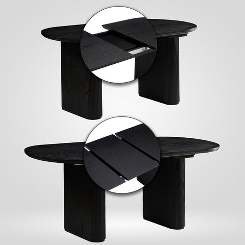 Butterfly extension mechanism on black extendable oval dining table 6 8 seater