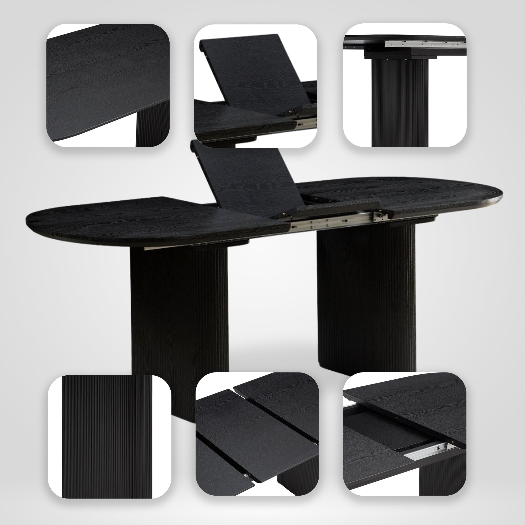 Base detail of black extendable oval dining table 6 8 seater with modern legs
