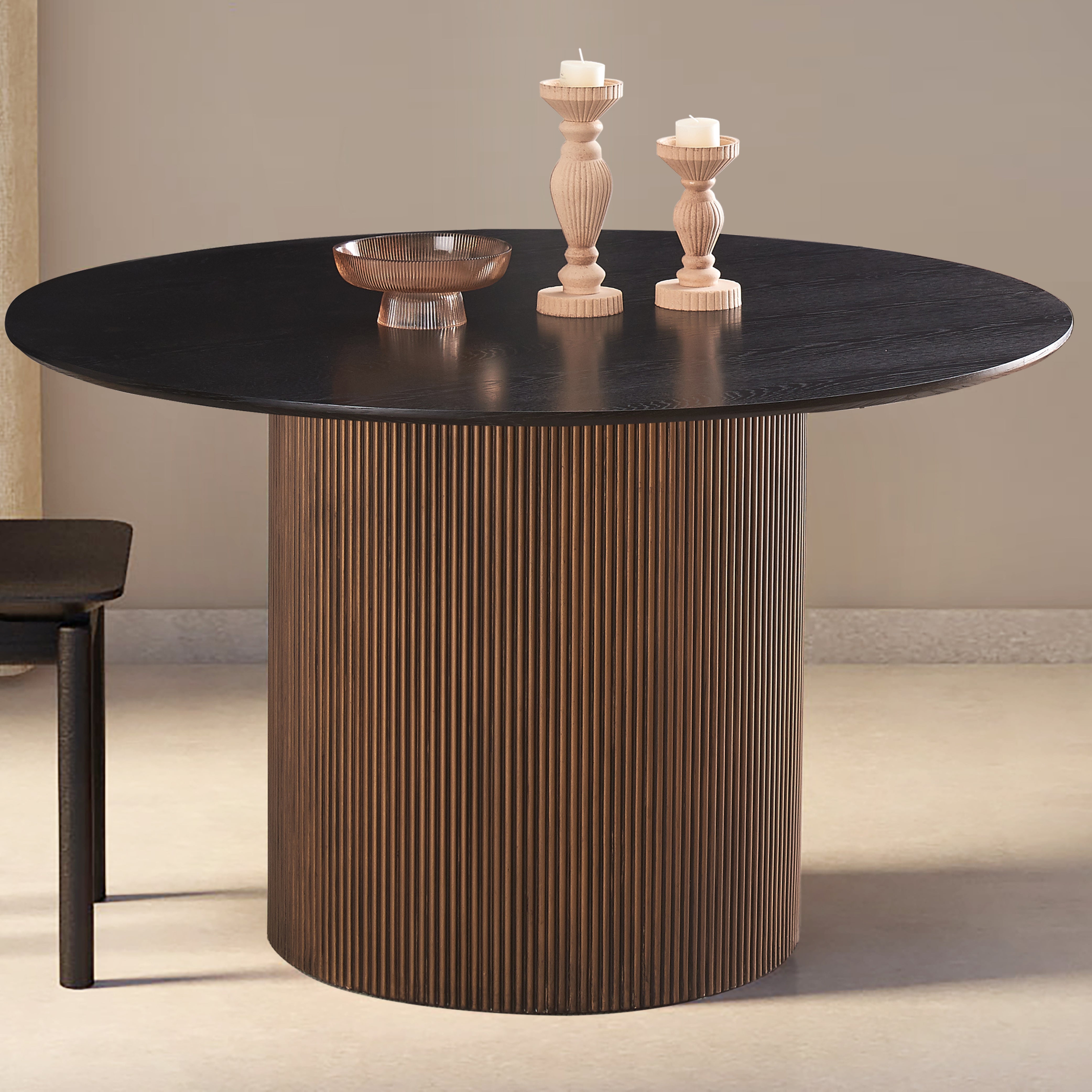 Brown black round dining table 6 seater with slim profile