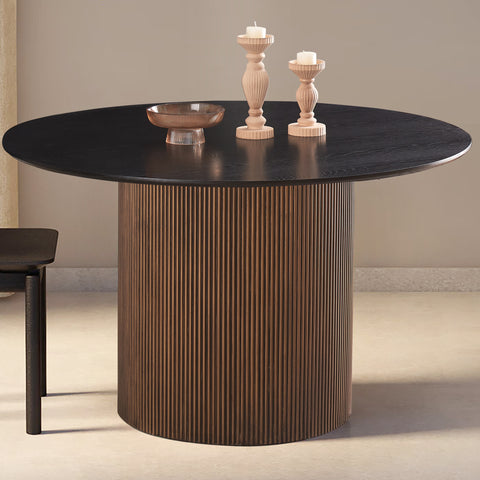 Brown black round dining table 6 seater with slim profile