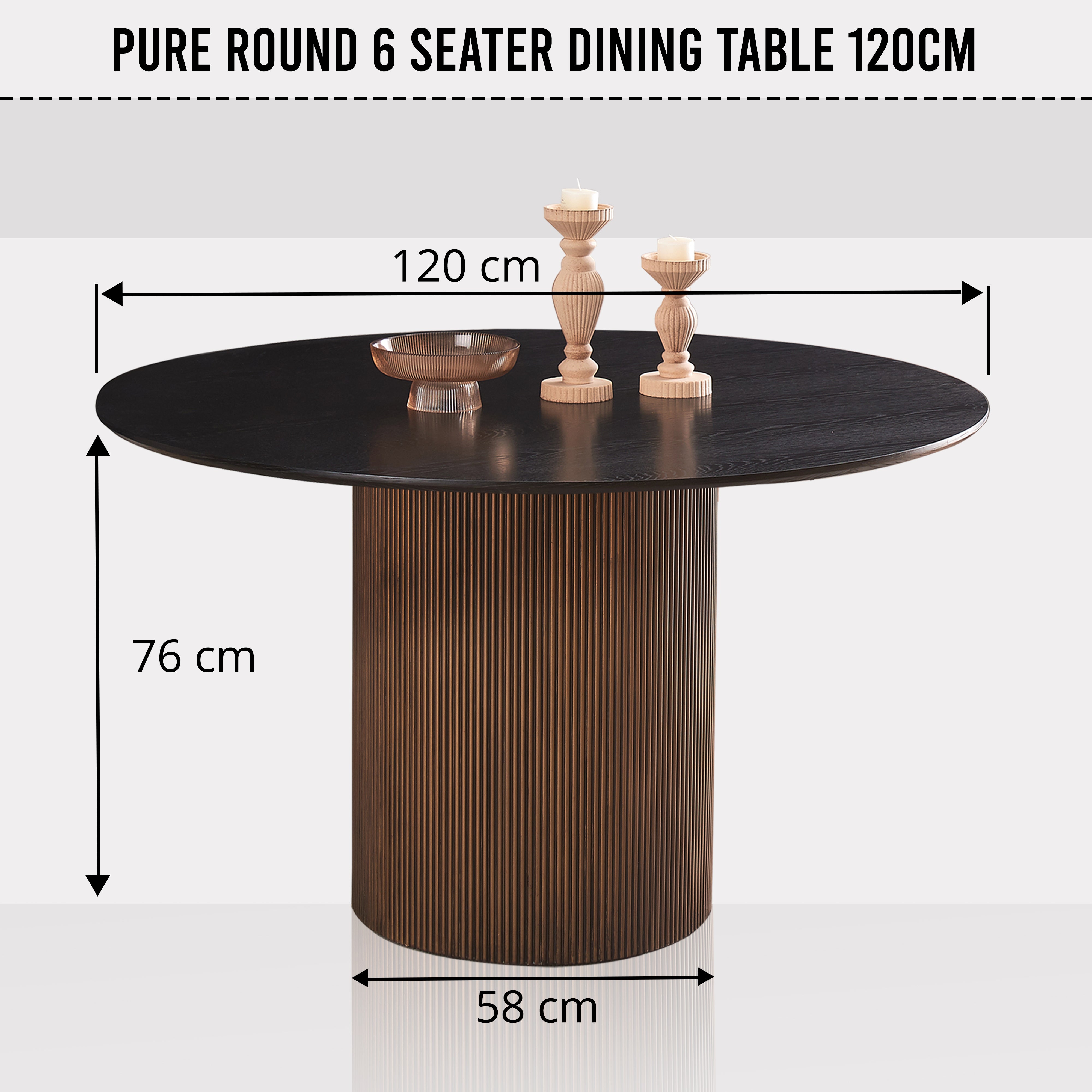 Brown black round dining table styled in modern dining room