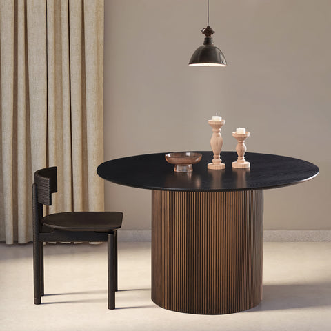 Brown black round dining table with modern pedestal base