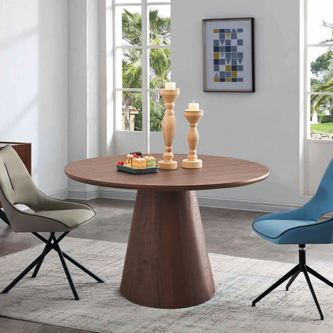 Buy round walnut dining table with modern tapered pedestal base