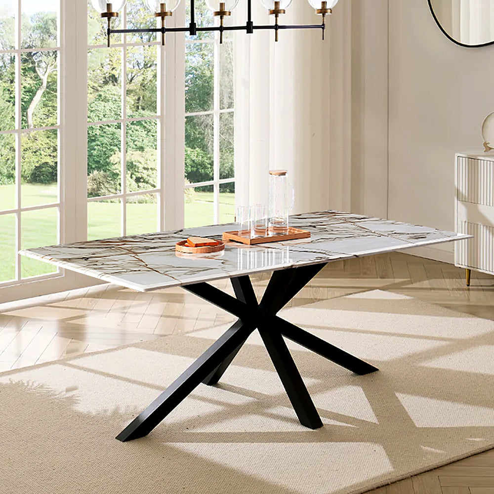 Marble top 8 seater dining table with black spoke legs in modern dining room
