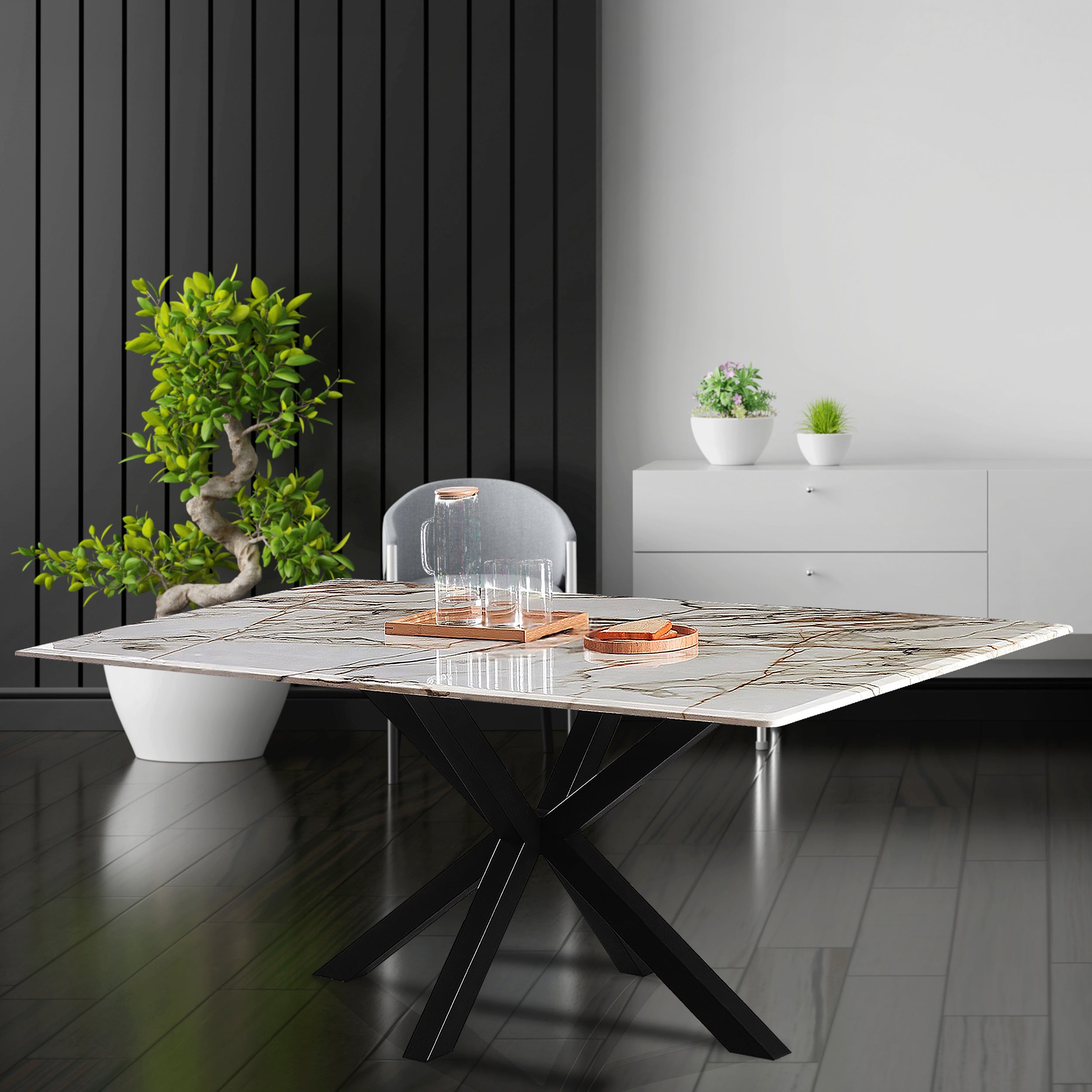 Marble top 8 seater dining table 200cm rectangular side view