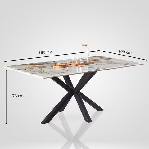 Marble top 8 seater dining table styled with dining chairs and tableware