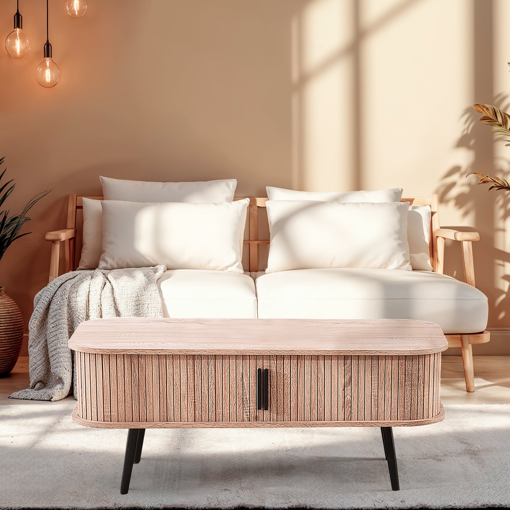 Oak effect coffee table with storage compartments and sliding slatted doors