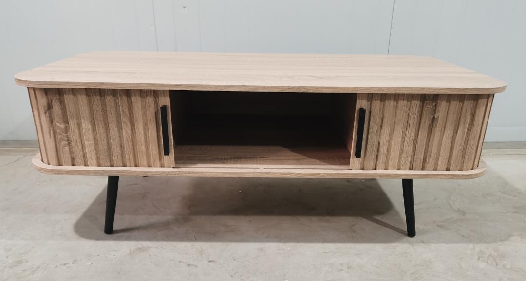 Oak effect coffee table with storage and black metal legs detail