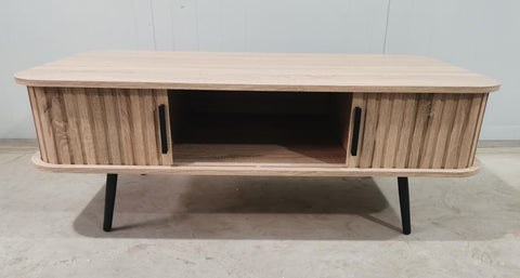 Oak effect coffee table with storage and black metal legs detail