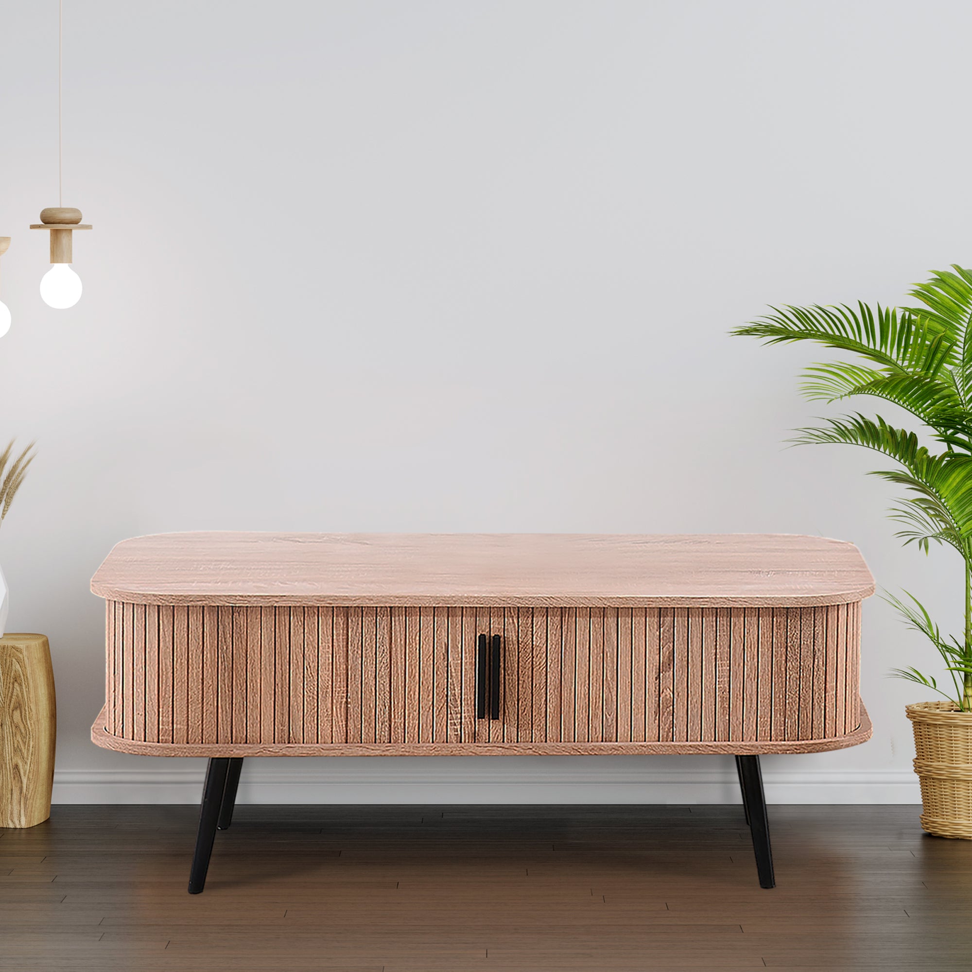 Oak effect coffee table with storage in ash beige in modern living room