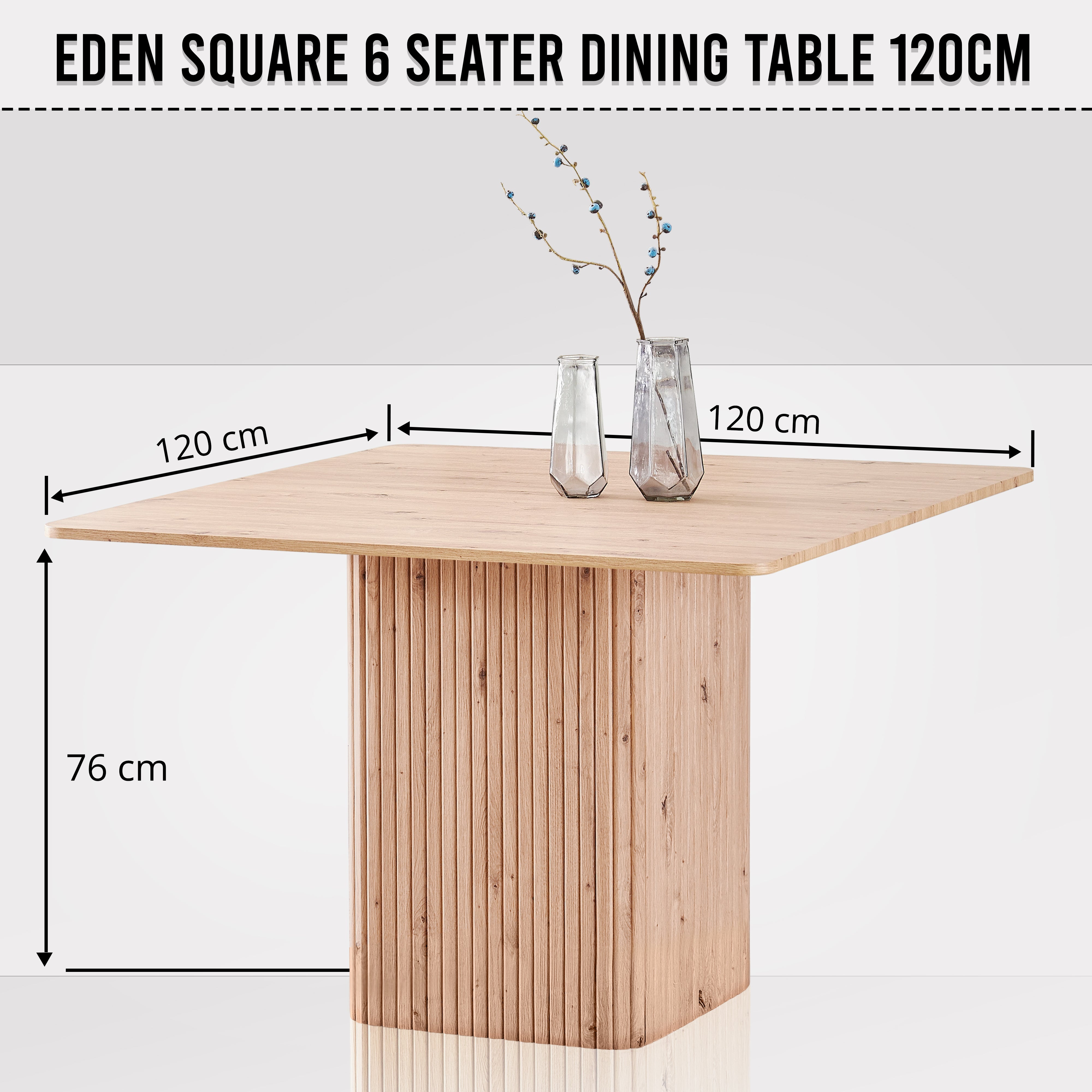 Close up of natural oak grain on square dining table for 6