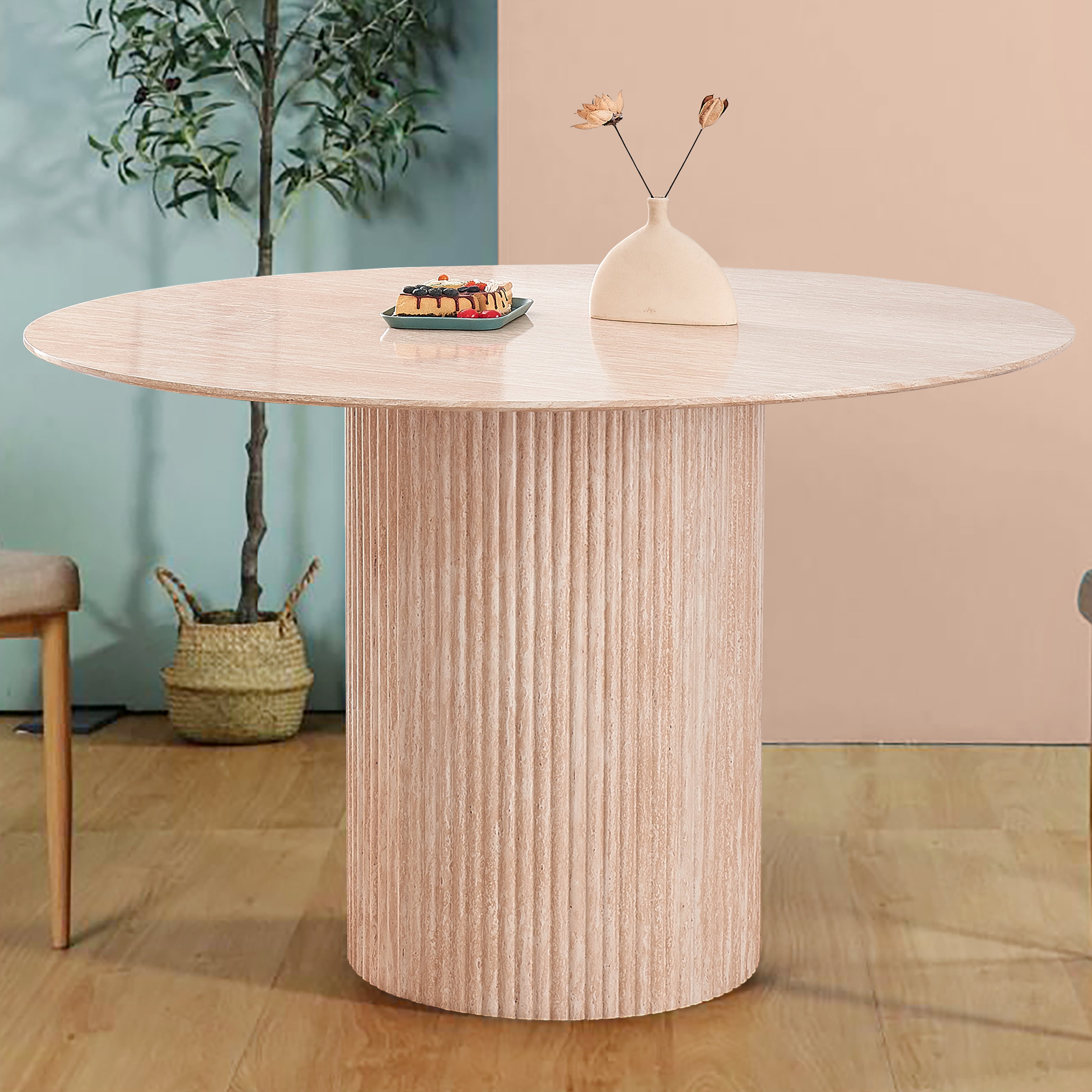 Top view of round ash dining table 6 seater with smooth wood grain