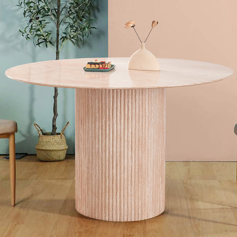 Top view of round ash dining table 6 seater with smooth wood grain