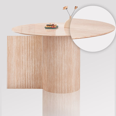 Close up of ash beige wood finish on round dining table for 6